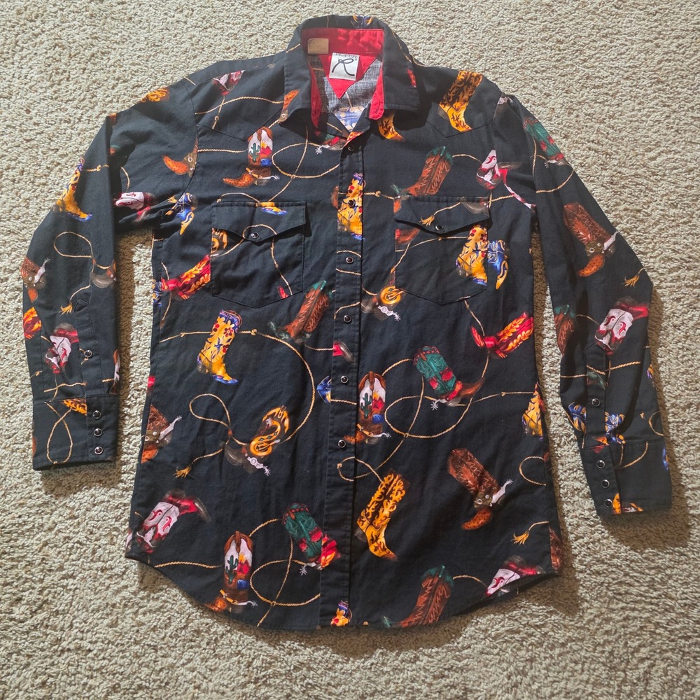 Roper Mens Black Western Cowboy Boot Print Snap Button Shirt Large Made in USA